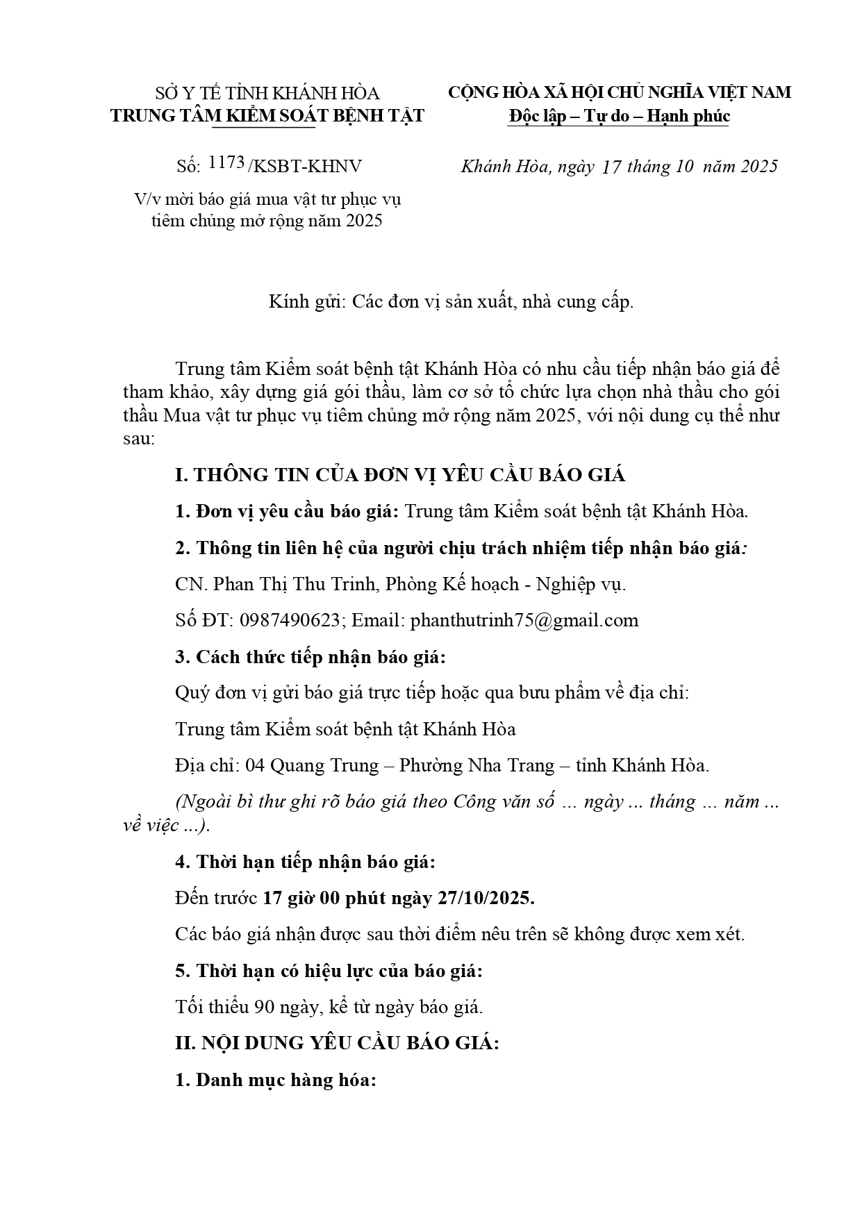 V/v mời báo giá mua vật tư phục vụ tiêm chủng mở rộng năm 2025